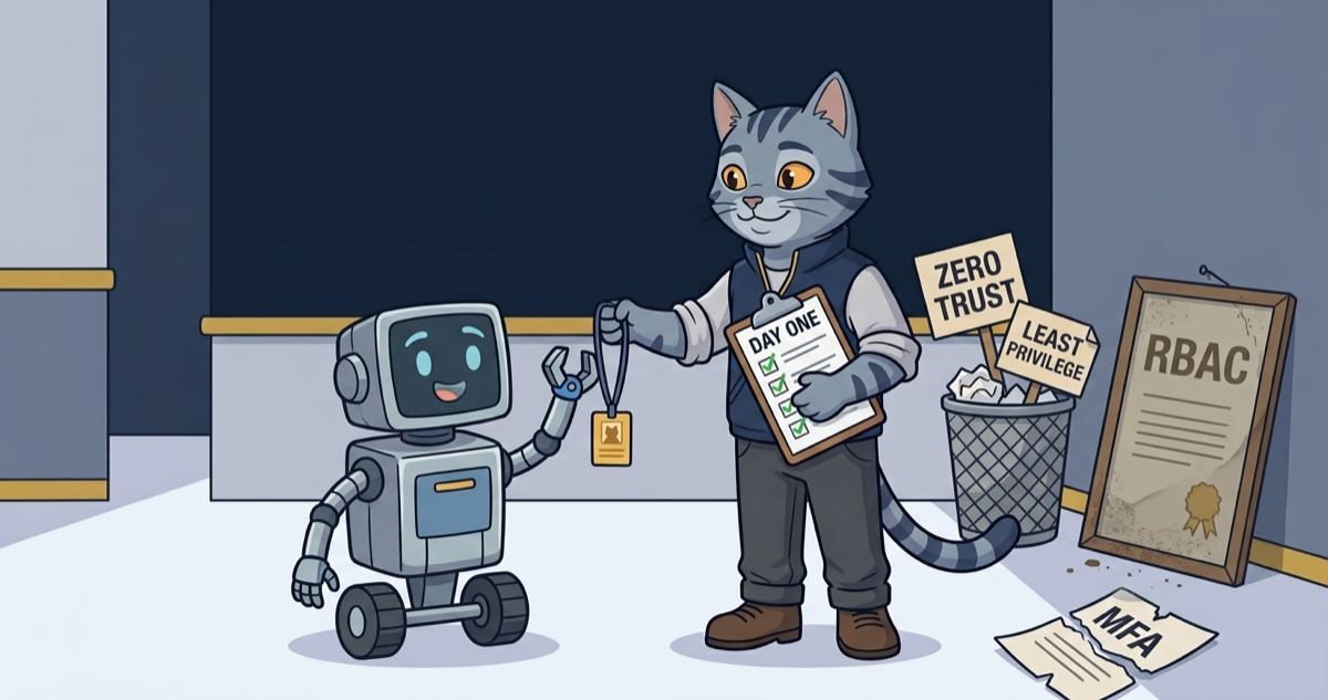 TERESEC's mascot onboarding an AI agent while discarded zero-trust and least-privilege signs sit in a bin behind them