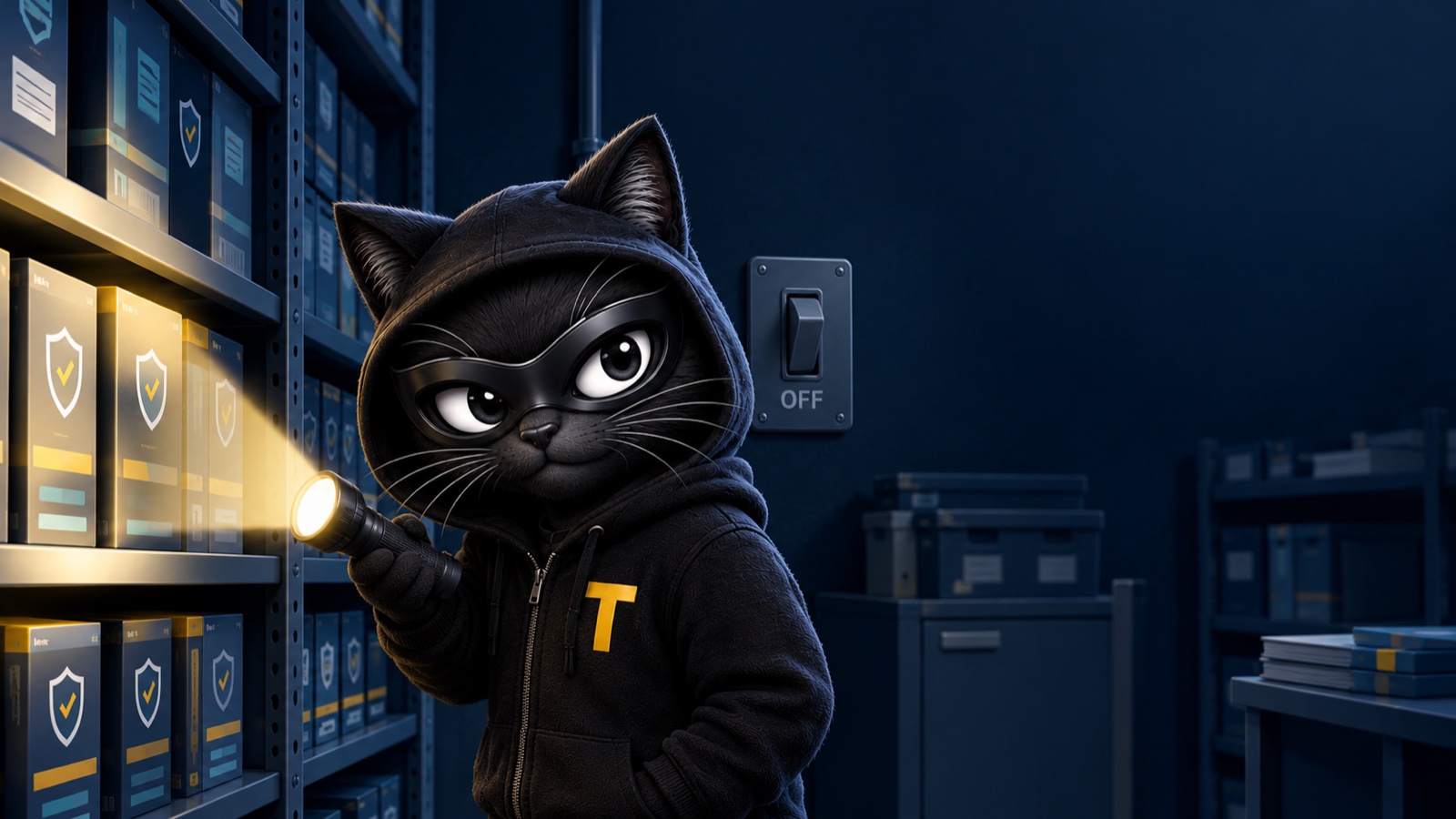 Patch, the TERESEC mascot, shining a torch along a shelf of security products beside a wall switch labelled OFF