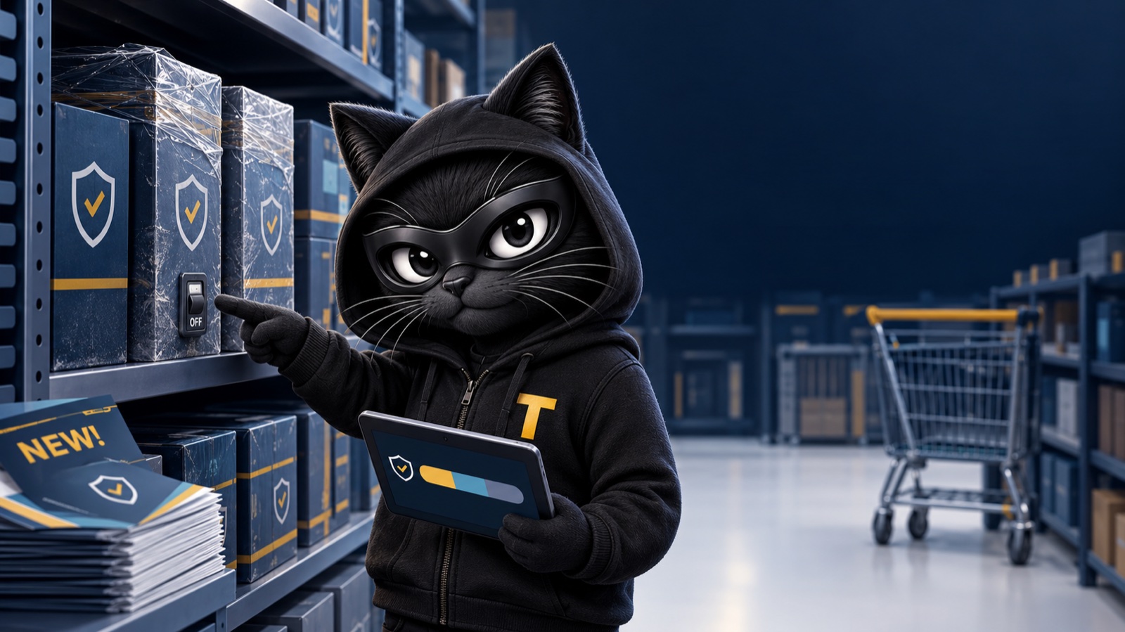 Patch, the TERESEC mascot, pointing at a shrink-wrapped security product whose switch is set to OFF while holding a tablet with a three-colour coverage bar; a stack of brochures marked NEW and an empty shopping trolley sit behind
