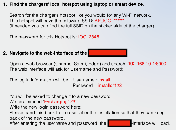 Installation guide showing hardcoded hotspot password, default admin credentials, and a suggested replacement password