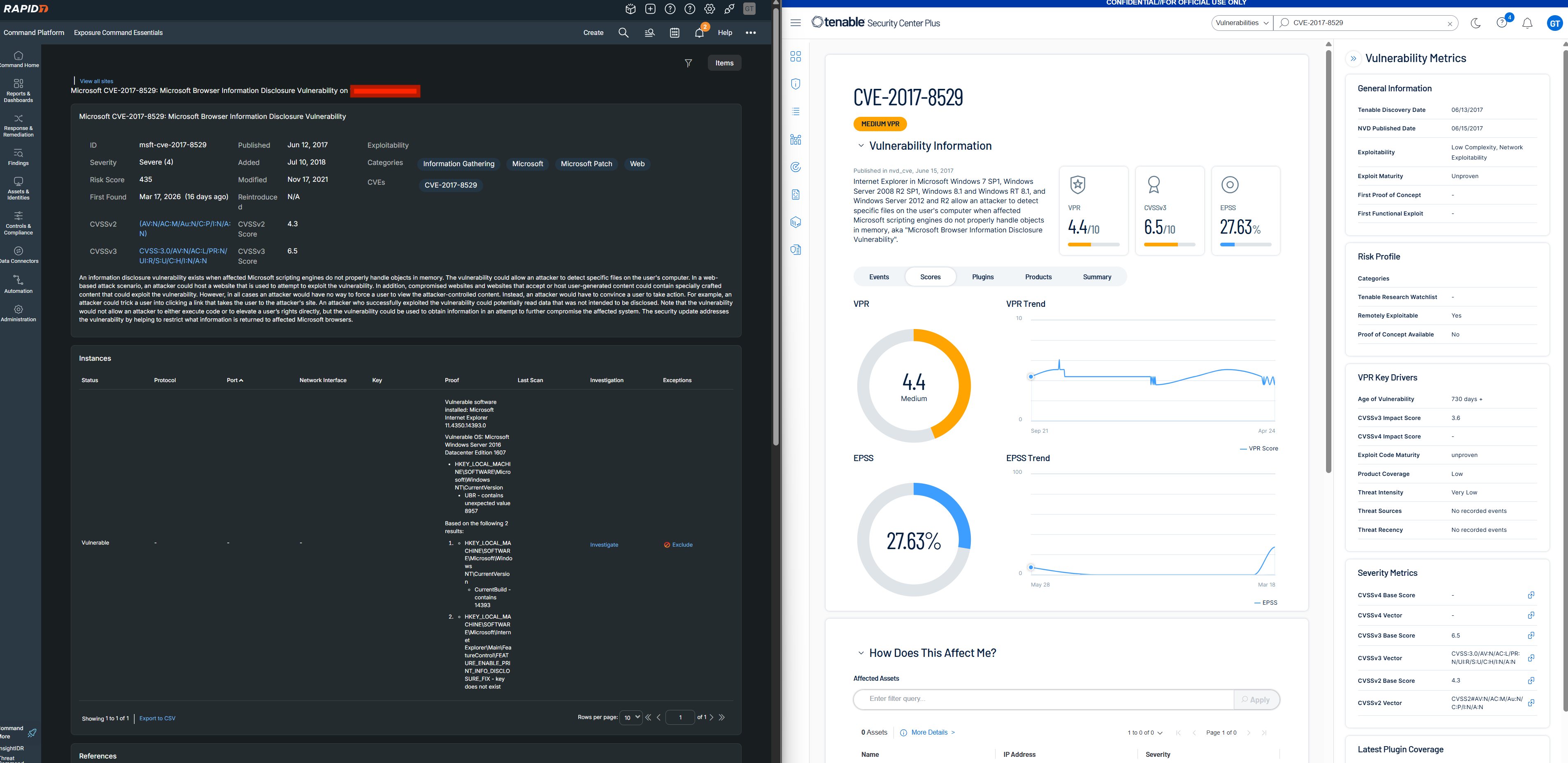 The same CVE shown in Rapid7 InsightVM (left) and Tenable (right): the severity rating, score and naming convention differ between the platforms
