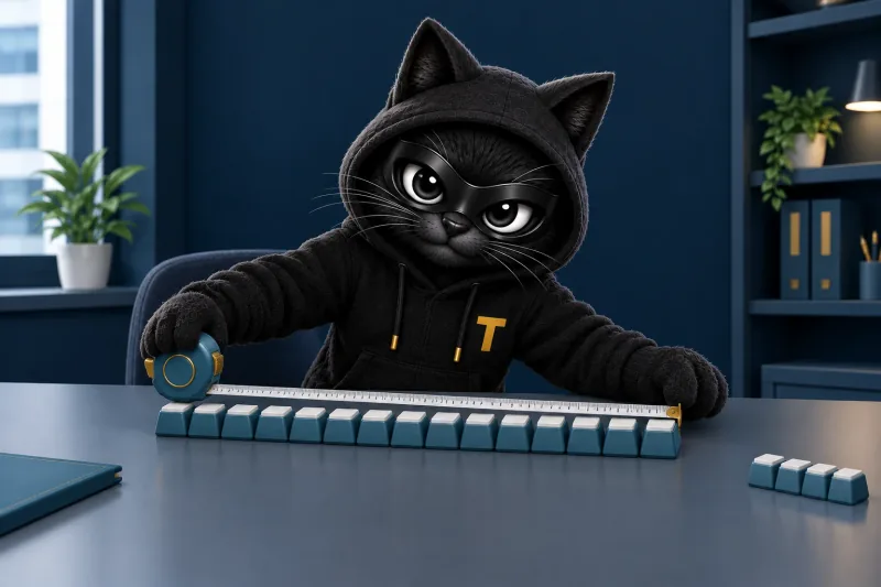 Patch, the TERESEC cat mascot, measuring a long row of blank keyboard keys with a tape measure while a short row sits pushed aside: ISM-0421, passwords used for single-factor authentication are at least 15 characters