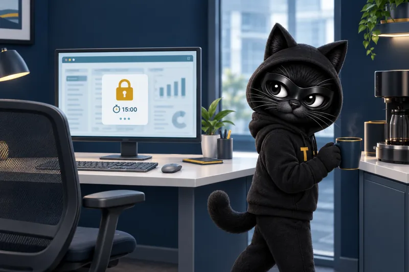 Patch, the TERESEC cat mascot, walking away for coffee while the web application left open on the screen locks its session: ISM-0428, session lock after 15 minutes of inactivity