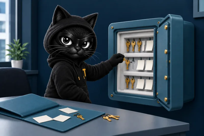 Patch, the TERESEC cat mascot, filing loose keys and sticky notes from an open folder into a sturdy safe: ISM-1402, stored credentials protected by a password manager, hardware security module or salted and hashed storage