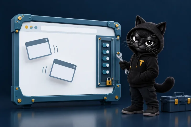 Patch, the TERESEC cat mascot, bolting armour plates onto a web browser window whose settings sit behind a locked cover: ISM-1412, web browsers hardened using ASD and vendor hardening guidance