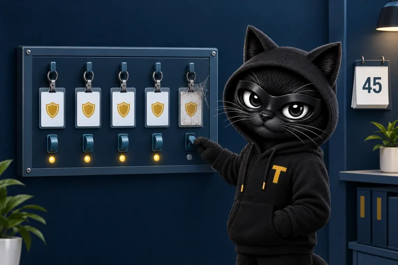Patch, the TERESEC cat mascot, switching off a dusty administrator badge that nobody has used for 45 days: ISM-1648, privileged access disabled after 45 days of inactivity