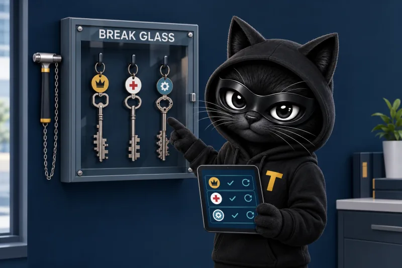 Patch, the TERESEC cat mascot, checking a break glass key cabinet holding separate long, unique keys for administrator, emergency and service accounts: ISM-1685, managed privileged account credentials