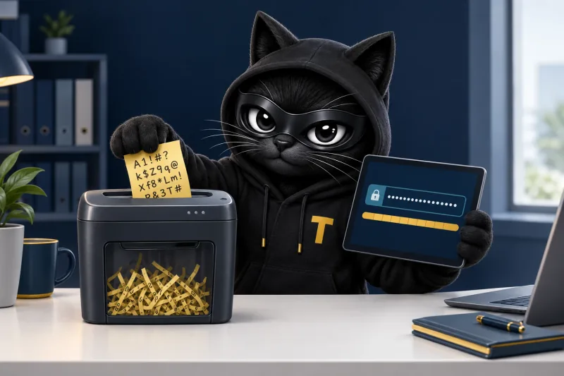 Patch, the TERESEC cat mascot, shredding a sticky note of password complexity rules while holding a tablet with a long passphrase: ISM-2080, no password complexity requirements