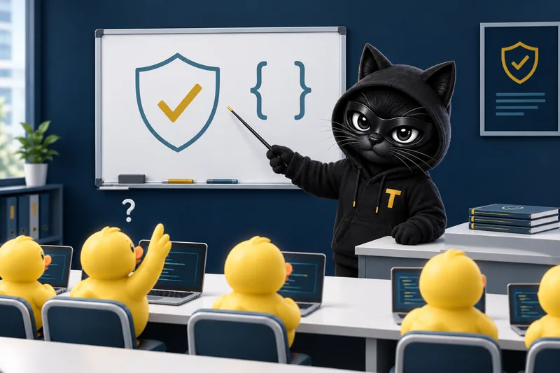 Patch, the TERESEC cat mascot, teaching secure coding to a row of rubber ducks at laptops: ISM-2121, software developers need cyber security skills