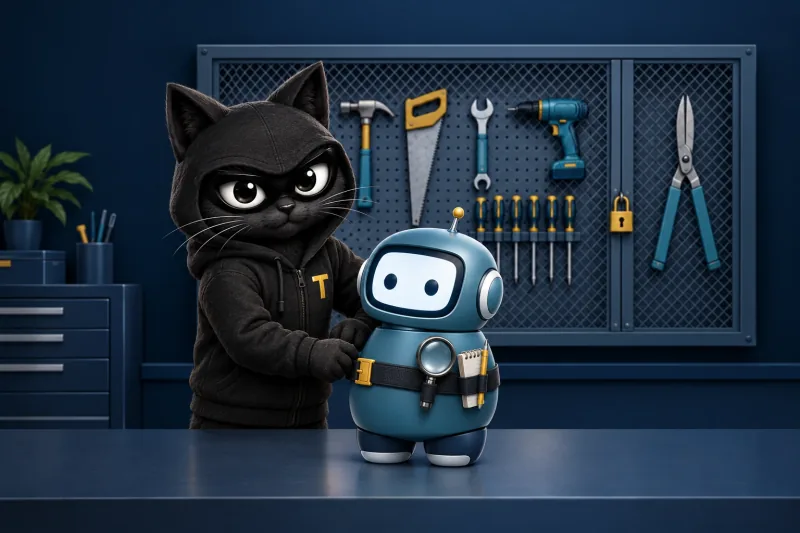 Patch, the TERESEC cat mascot, buckling a two-tool belt onto a small robot helper while the workshop's other tools stay locked behind a mesh door: ISM-2156, agentic AI applications are restricted to the minimum tools, functions and permissions they need